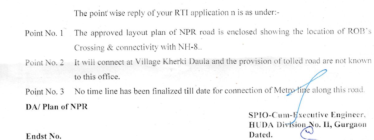 Metro over Dwarka expressway (NPR)Right to Information request sought below - Information required -
