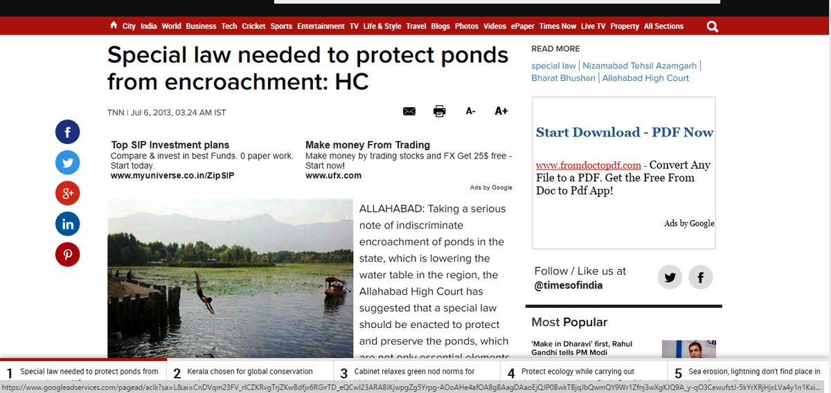 ALLAHABAD HIGH COURT REALIZED THE NEED OF A SPECIAL LAW TO PROTECT PONDS FROM ENCROACHMENT Jul6,2013