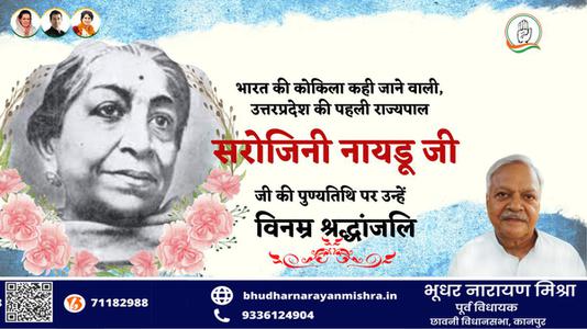 भूधर नारायण मिश्रा- सरोजिनी नायडू जी की पुण्यतिथि    पर विनम्र श्रद्धांजलि