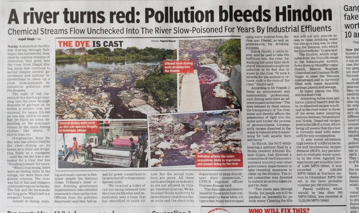 बहलोलपुर में हिंडन के लाल हुए पानी की वीडियो हुई वायरल, प्रदूषण फैला रही 16 औद्योगिक इकाइयों को यूपी